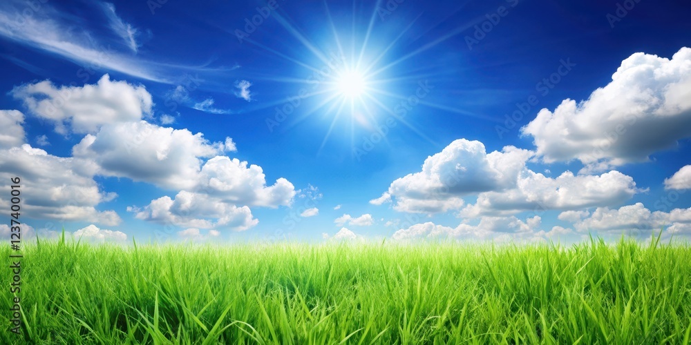 Lush green grass under a clear blue sky with fluffy white clouds and a warm sun shining down on it, cloud formations, sunny day Lush green grass under a clear blue sky with fluffy white clouds and a warm sun shining down on it, cloud formations, sunny day