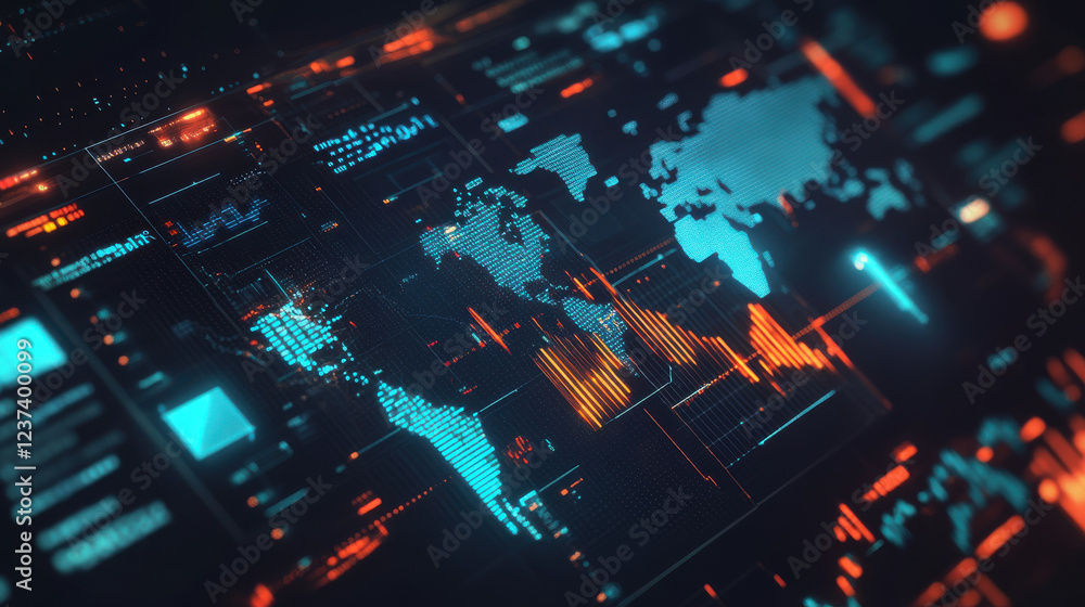 Obraz premium Futuristic global financial market data visualization with digital analytics, economic trends, and stock exchange statistics in a high-tech cyber interface
