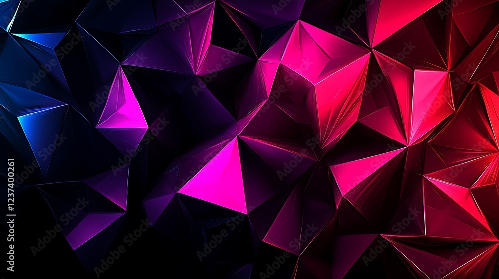 Obraz premium Abstract colorful geometric background; vibrant triangles, dark backdrop; ideal for tech presentations.