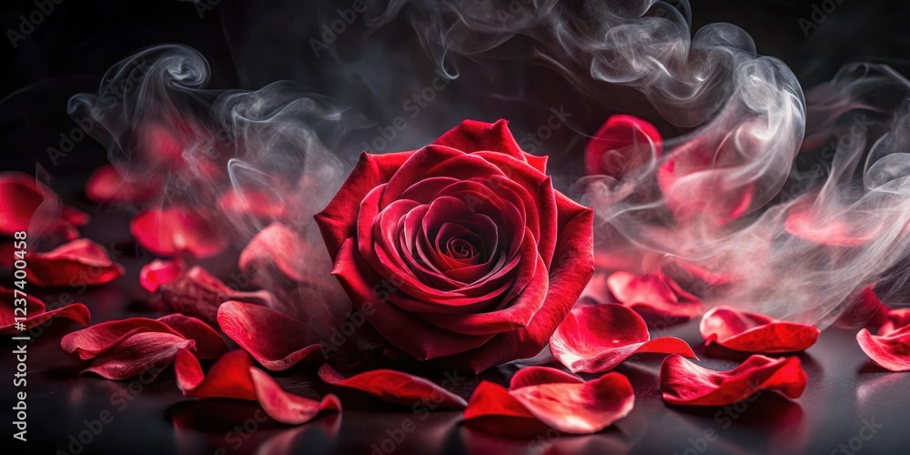 Elegant rose petals unfolding amidst a mesmerizing swirl of red smoke on a dark black background , fragrance, darkness Elegant rose petals unfolding amidst a mesmerizing swirl of red smoke on a dark black background , fragrance, darkness