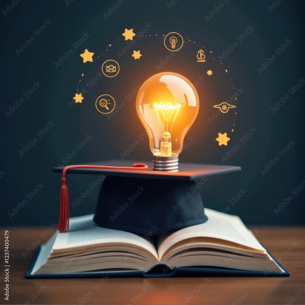 Illuminated Graduation Cap and Book with a Bright Idea. Perfect for educational materials, motivational campaigns, academic success. Illuminated Graduation Cap and Book with a Bright Idea. Perfect for educational materials, motivational campaigns, academic success.