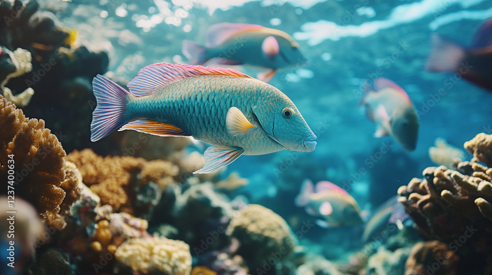 A vivid underwater shot of a group of parrotfish grazing on coral A vivid underwater shot of a group of parrotfish grazing on coral