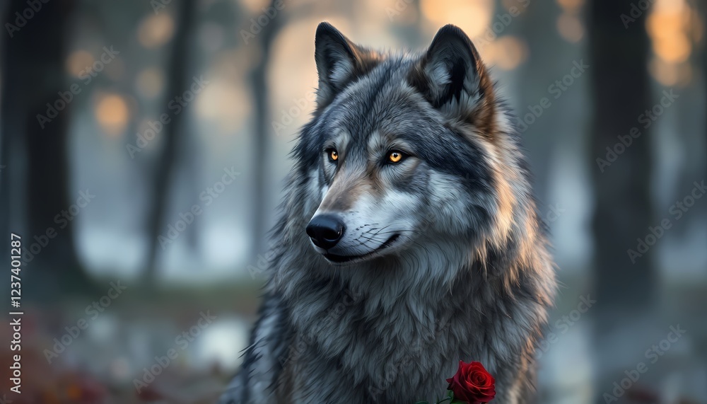 Majestic Grey Wolf with Rose in Forest Setting Majestic Grey Wolf with Rose in Forest Setting