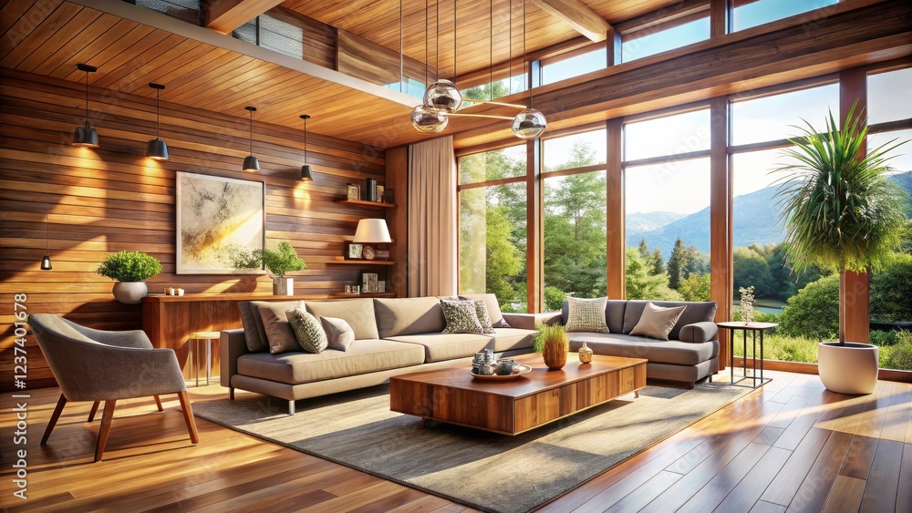 Fototapeta premium A 3D rendered tilt-shift image: a bright, contemporary wooden living room bathed in natural light from expansive windows.
