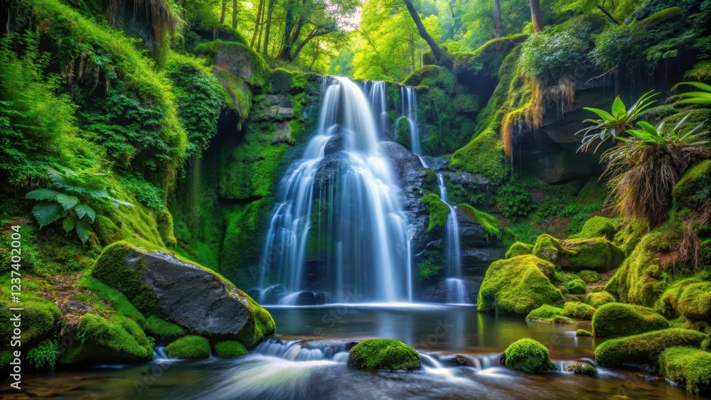 Serene waterfall cascading down a moss-covered rock face surrounded by dense foliage and vibrant greenery in a tranquil forest setting, serenity, foliage Serene waterfall cascading down a moss-covered rock face surrounded by dense foliage and vibrant greenery in a tranquil forest setting, serenity, foliage