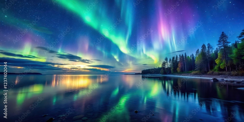 A mesmerizing aurora borealis illuminates a serene ocean and forest landscape under a starry night sky with wispy clouds, ocean A mesmerizing aurora borealis illuminates a serene ocean and forest landscape under a starry night sky with wispy clouds, ocean