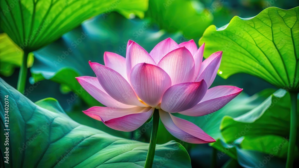 Obraz premium Close-up shot of a single lotus flower with large green leaves unfolding its petals, revealing intricate details and delicate beauty , texture, green leaves