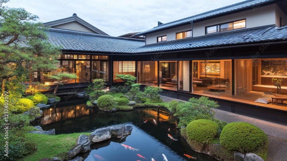 Obraz premium Serene Japanese Garden Courtyard at Dusk