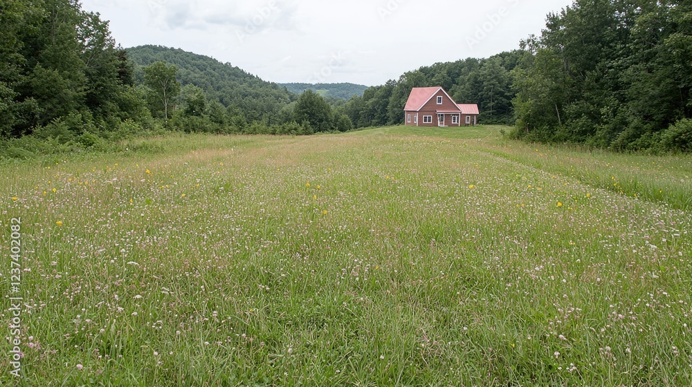 Obraz premium Rural house, green field, hilltop view, summer day