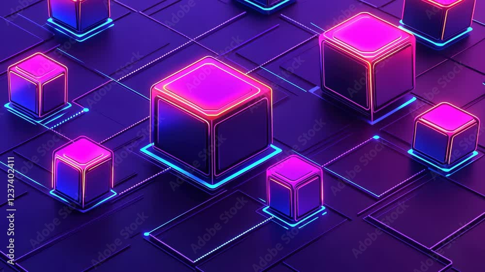 Neon cubes create a vibrant, futuristic atmosphere in a digital landscape at nighttime Neon cubes create a vibrant, futuristic atmosphere in a digital landscape at nighttime
