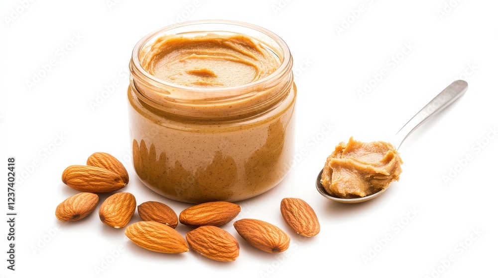 Creamy almond butter in jar with scattered almonds and spoon on white background Creamy almond butter in jar with scattered almonds and spoon on white background