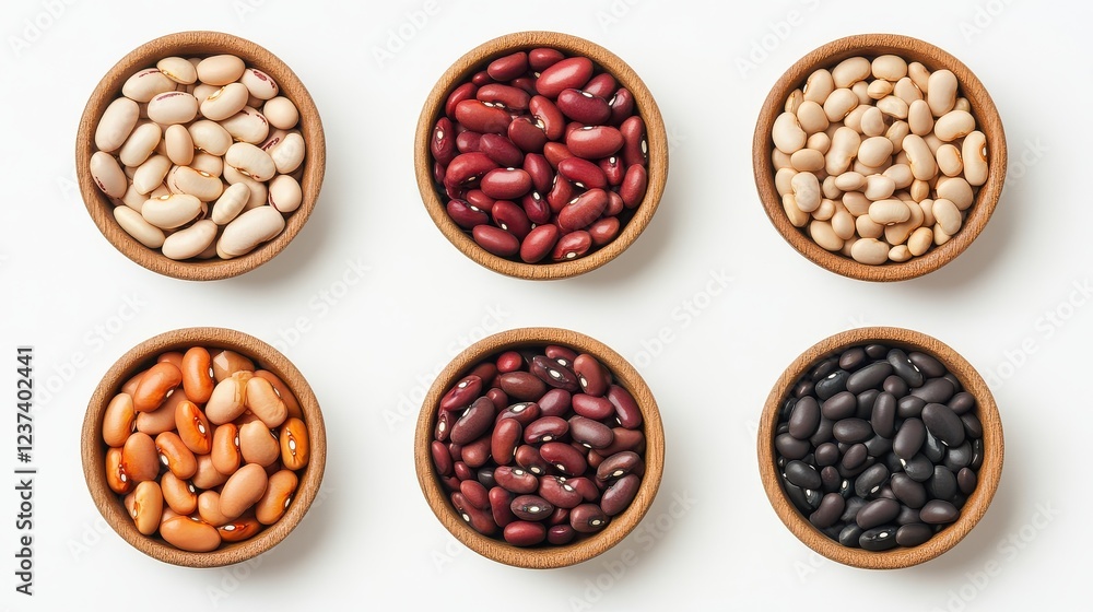 Variety of colorful beans in wooden bowls on white background Variety of colorful beans in wooden bowls on white background