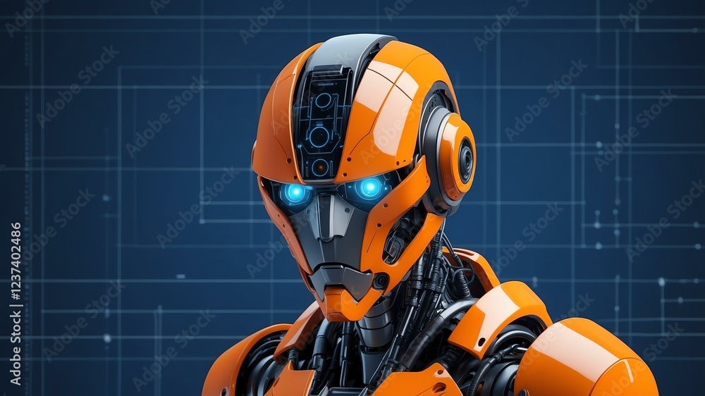 orange themed robot head bust blueprint science fiction background orange themed robot head bust blueprint science fiction background