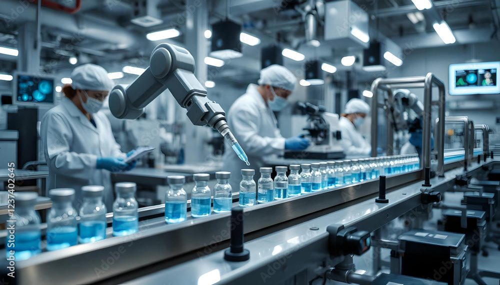 Cutting-edge vaccine production: Scientists and robotic systems work together in a high-tech laboratory to ensure precision, safety, and breakthrough medical advancements Cutting-edge vaccine production: Scientists and robotic systems work together in a high-tech laboratory to ensure precision, safety, and breakthrough medical advancements