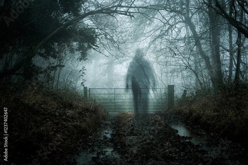 A ghost haunting a forest. On a spooky foggy winters day. On a track through a wood. photo