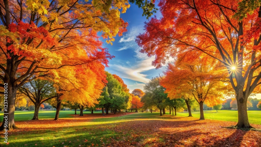 Naklejka premium Vibrant autumn foliage in a serene park setting with trees displaying a kaleidoscope of warm colors against a clear blue sky , park landscape, scenic view