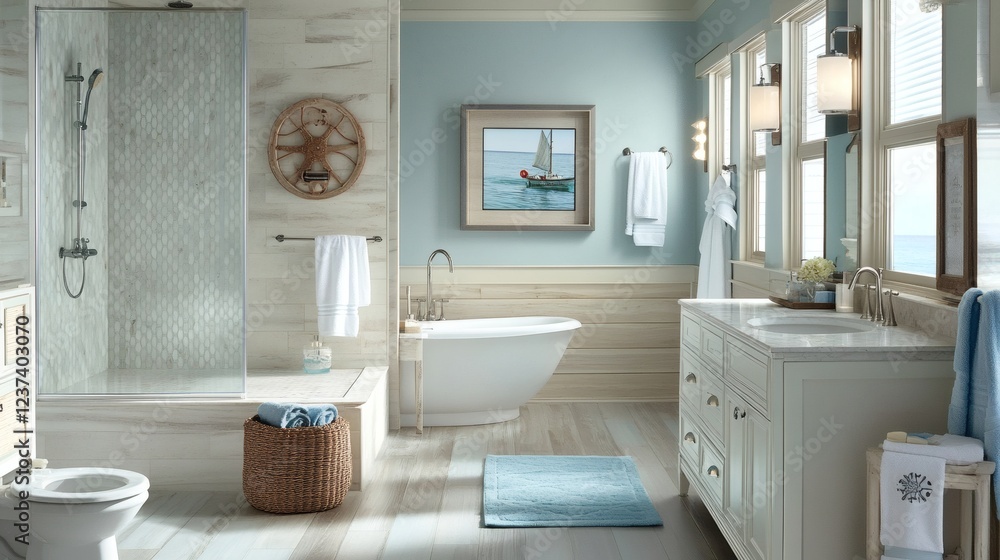 Serene Coastal Bathroom Interior Design with Freestanding Tub and Walk-in Shower