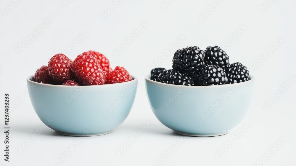 Fresh raspberries and blackberries in blue bowls against white background Fresh raspberries and blackberries in blue bowls against white background