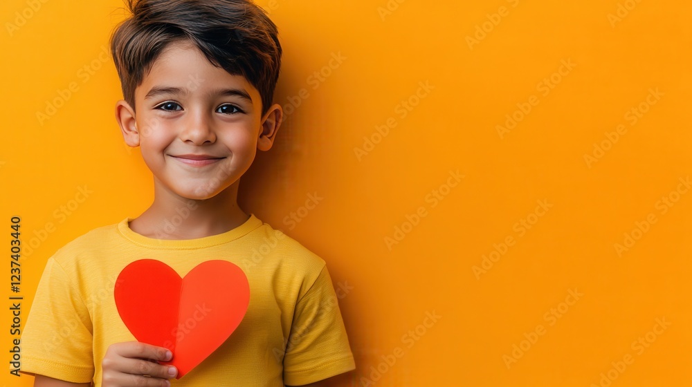 Portrait of kid boy holding paper heart over yellow background. Love and valentine day and gratitude concept Portrait of kid boy holding paper heart over yellow background. Love and valentine day and gratitude concept