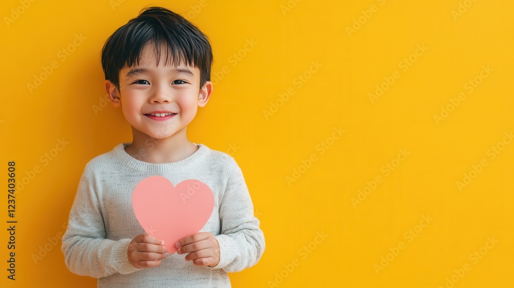 Portrait of kid boy holding paper heart over yellow background. Love and valentine day and gratitude concept Portrait of kid boy holding paper heart over yellow background. Love and valentine day and gratitude concept
