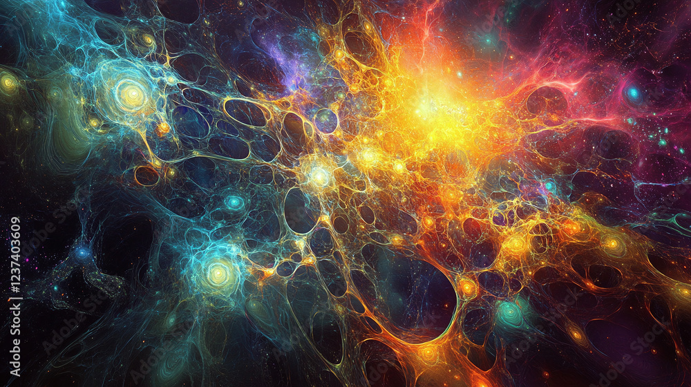 Fractal patterns representing data networks, with a cosmic backdrop Fractal patterns representing data networks, with a cosmic backdrop