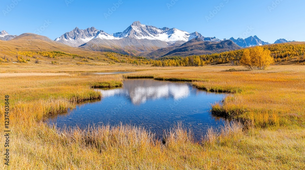 Autumnal mountain lake reflection, golden meadow Autumnal mountain lake reflection, golden meadow