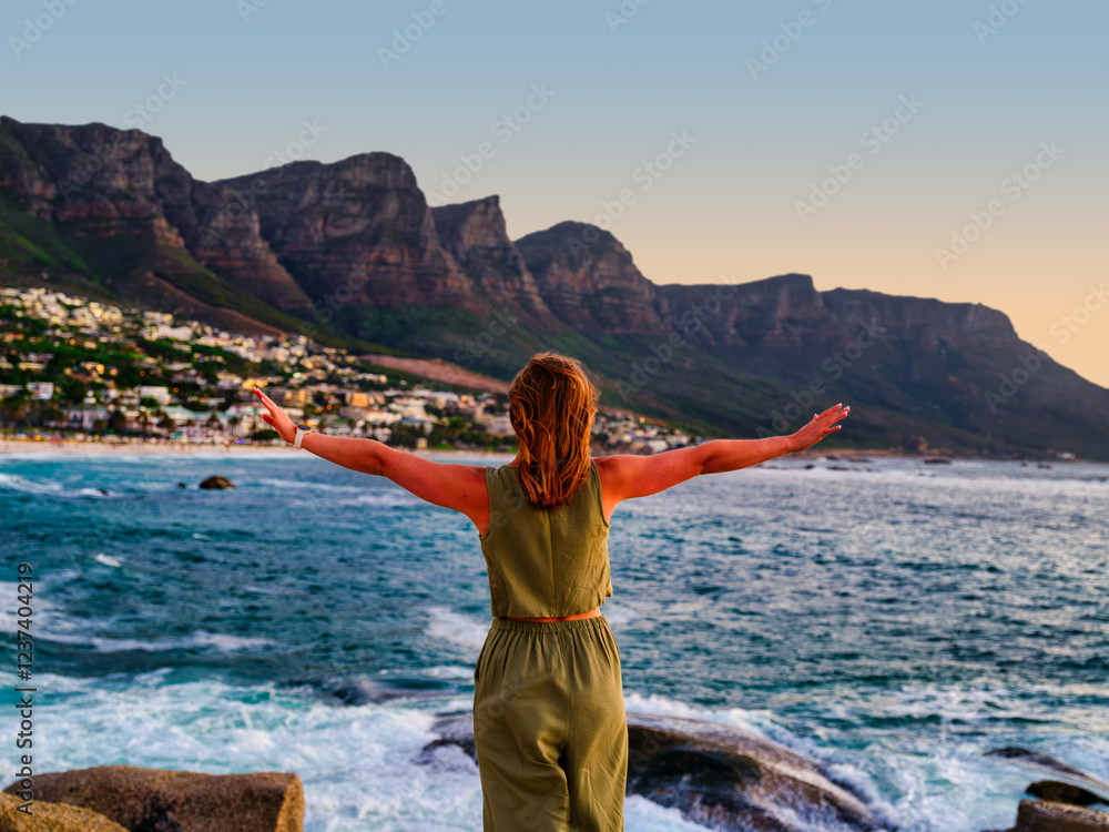 Blond Woman Excited by the Beautiful View at Maiden's Cove, Cape Town