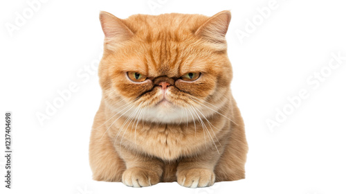 Grumpy red persian cat sitting and showing displeasure on transparent background