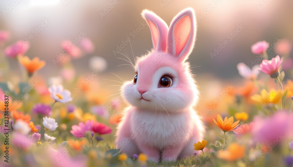 Obraz premium Adorable Pink Bunny in a Spring Flower Field