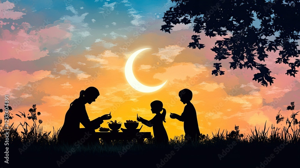 Obraz premium Silhouette Family Dinner Under Crescent Moon