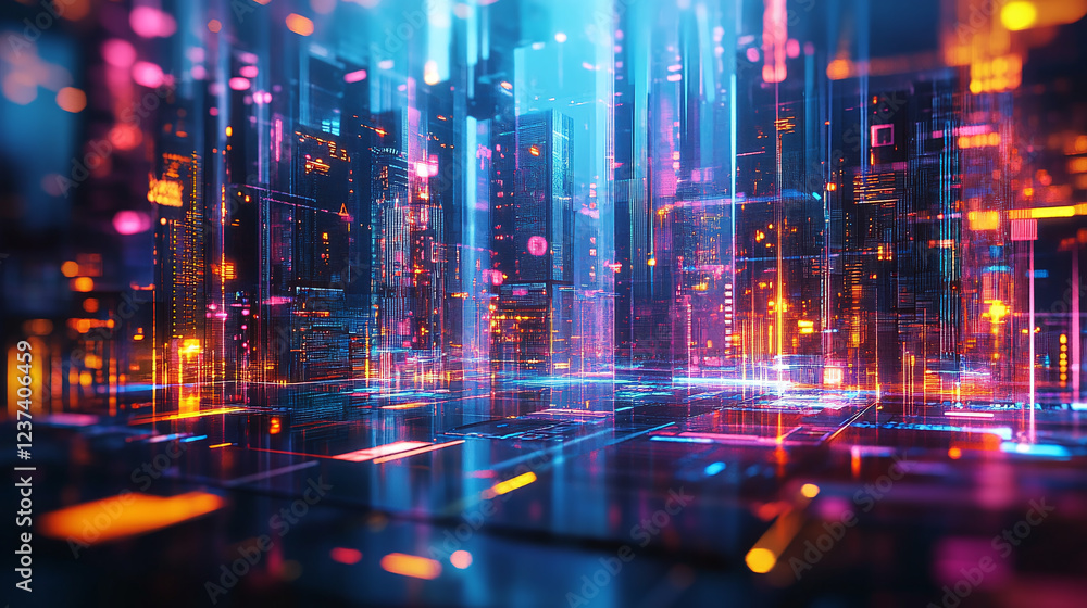Abstract 3D cityscape with futuristic architecture and glowing elements