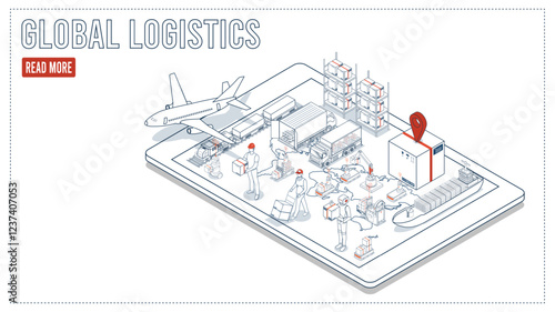 Smart global logistics network integrating multimodal transportation services air, road, and maritime with IoT technology to enable efficient worldwide cargo delivery and instant order fulfillment.