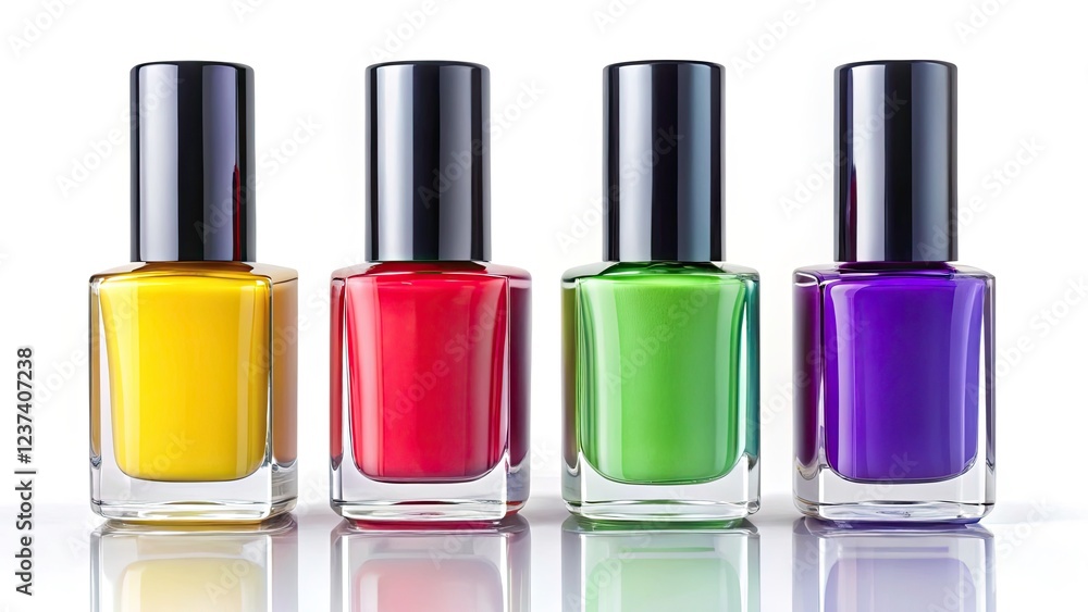 Colorful nail polish bottles in a high-resolution, close-up studio shot against a clean white background. Colorful nail polish bottles in a high-resolution, close-up studio shot against a clean white background.