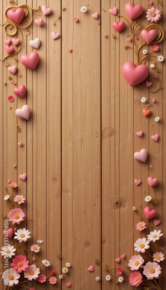 Fototapeta premium Romantic sweet wood wallpaper featuring colorful hearts and flowers for background