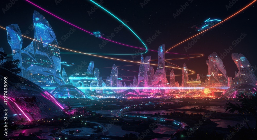 Obraz premium Futuristic Cityscape at Night with Neon Lights and Flying Vehicles, Sci-fi Illustration of Advanced Urban Infrastructure and Technology