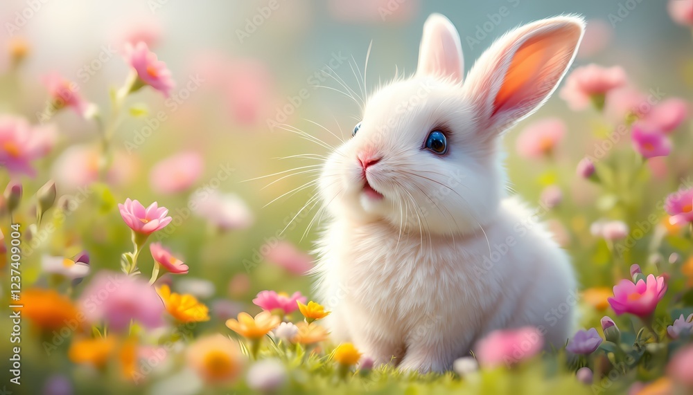 Fototapeta premium Adorable White Bunny in Spring Flowers