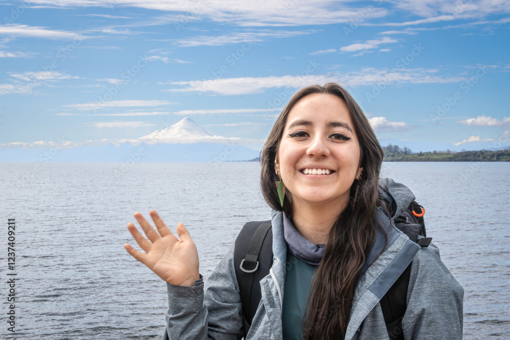 Puerto Varas, Los Lagos, Chile. Young woman traveler - tourist next to the snow-capped volcano Osorno and Lake Llanquihue as seen from the city of Puerto Varas in Chilean Patagonia Puerto Varas, Los Lagos, Chile. Young woman traveler - tourist next to the snow-capped volcano Osorno and Lake Llanquihue as seen from the city of Puerto Varas in Chilean Patagonia