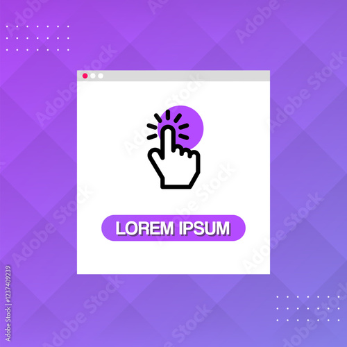 Modern computer window design with hand clicking icon to attract customers