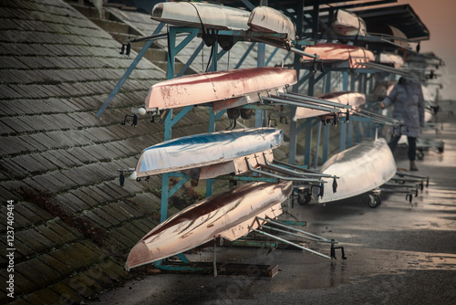 Multiple rowing shells, including sweep oar and coxed four boats, rest on racks by the riverside at sunset. These competitive vessels are used by crews of four or eight. photo