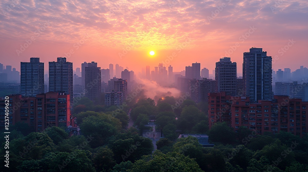 Obraz premium Sunrise Cityscape: Misty Dawn over Urban Towers