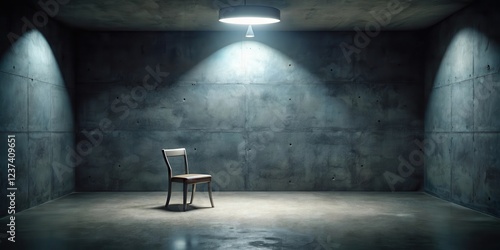 A dimly lit interrogation room with a single, flickering small overhead light casting an eerie glow on the cold concrete floor and walls, police interrogations, dark