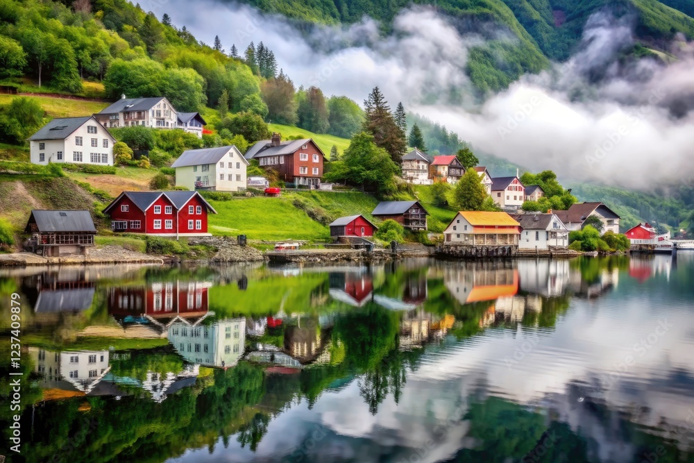 Fototapeta premium Discover Nordic nature responsibly. Misty fjords, eco-lodges, unforgettable journeys.