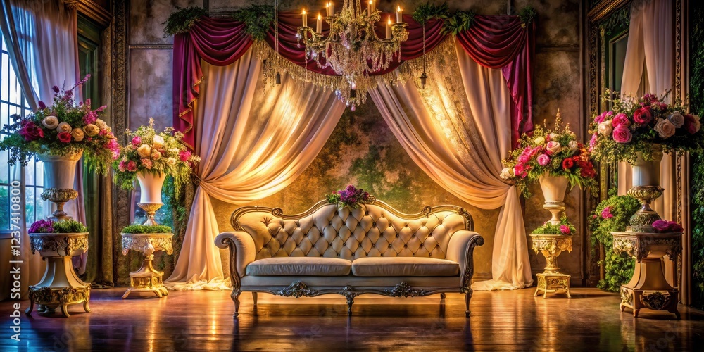 Obraz premium Romantic wedding setting: lush floral arrangements, elegant drapes, classic sofa, urban flair.