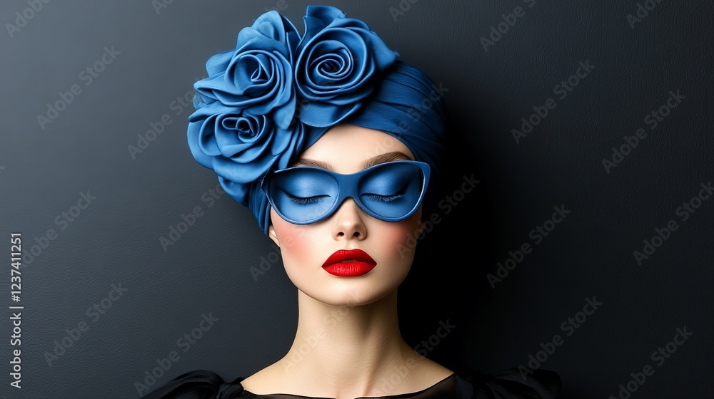 Elegance in Azure: A portrait of a woman, she is wearing a striking blue headscarf adorned with elegant fabric roses. Elegance in Azure: A portrait of a woman, she is wearing a striking blue headscarf adorned with elegant fabric roses.