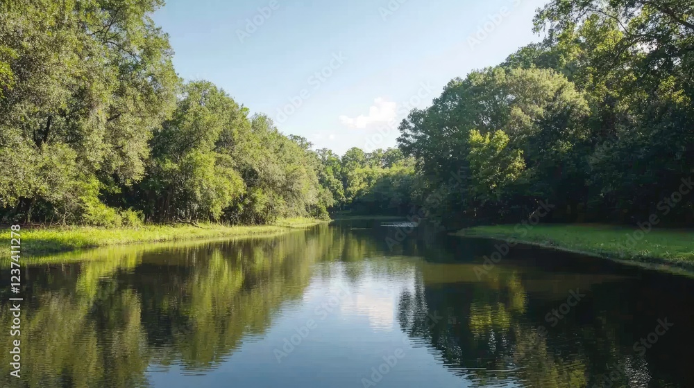 Tranquil lake reflecting lush green trees, serene nature scene, perfect for travel brochures Tranquil lake reflecting lush green trees, serene nature scene, perfect for travel brochures