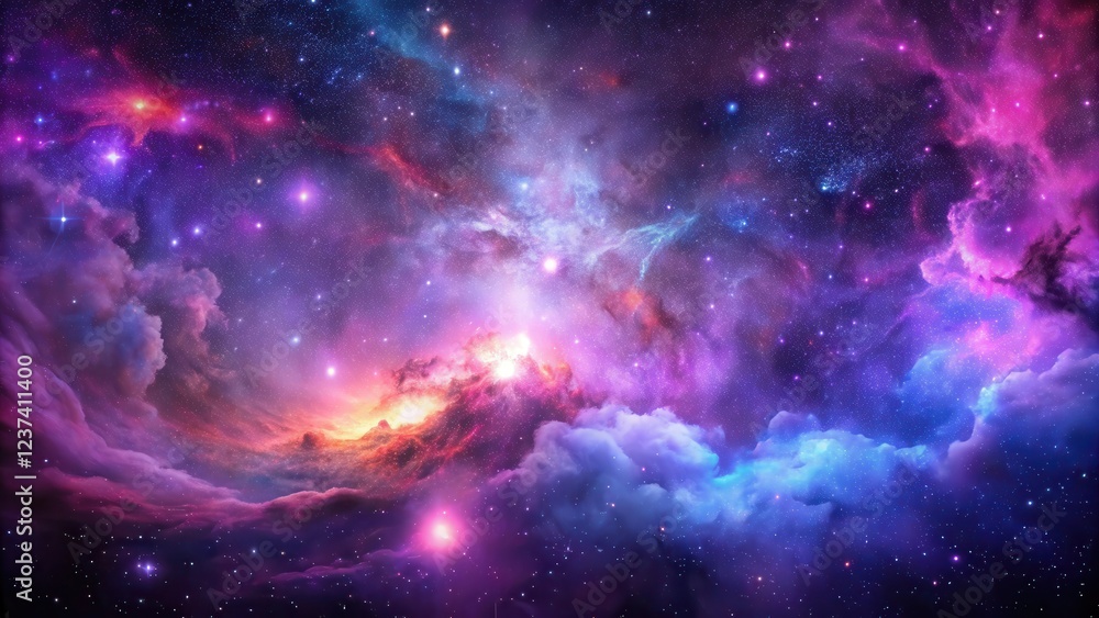 Naklejka premium Vast nebula with vibrant hues of purple and pink, surrounded by numerous stars and a wispy cloud shape, suspended against the inky blackness of space , galaxy scene, cosmic wonder