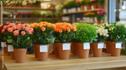 Wallpaper Mural A detailed shot of colorful flower pots neatly displayed on a rustic wooden table in a florist shop. The fresh blossoms and natural textures add a serene and elegant touch. 
 Torontodigital.ca