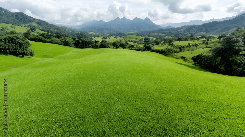 Lush green valley, mountain backdrop, sunny day, pastoral scene, travel brochure Lush green valley, mountain backdrop, sunny day, pastoral scene, travel brochure