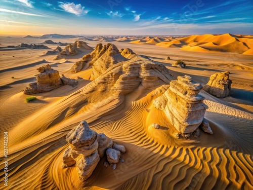 Explore Mleiha's stunning geological wonders: 4K aerial drone footage captures fossil-rich plateaus, sand dunes, and a unique sphinx formation. photo