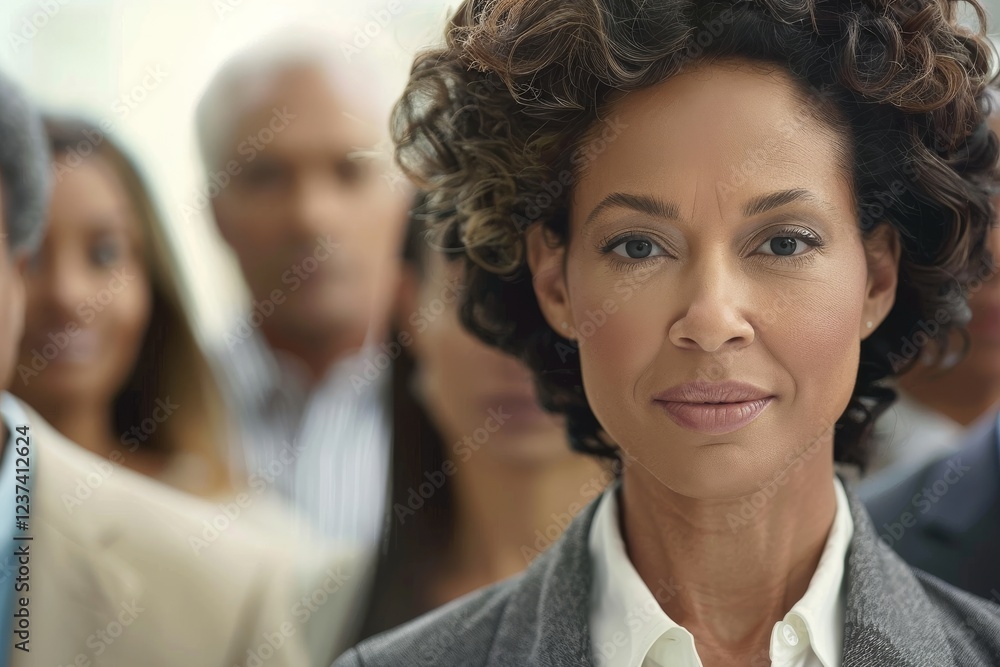 Portrait of businesswoman in front of her team, focus on her face. Portrait of businesswoman in front of her team, focus on her face.